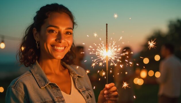Woman Holding Sparkler During Celebration at Sunset with Happiness and Joy