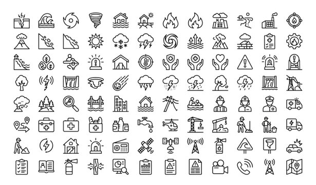 Minimalist Natural Disaster Outline Icons Set for Climate Change Awareness Emergency Relief and Catastrophe Reporting