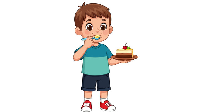 Caucasian boy eating cake with fork, happy childhood moment, dessert concept