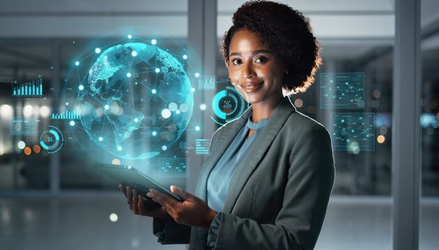 Professional woman using digital tablet with futuristic global technology interface