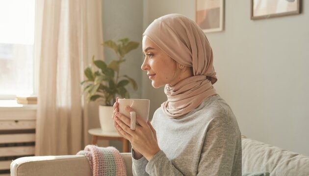 Woman in hijab enjoying coffee indoors with natural sunlight and cozy decor