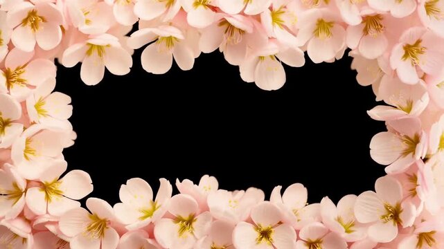 Slow pan tracking shot of cherry blossom frame revealing black background with pink petals gently shifting in studio closeup