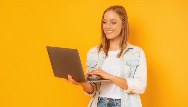 Young woman holding laptop computer smiling against yellow background