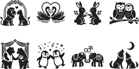 Obraz premium Romantic animal wedding couples kissing under decorative floral arches and frameworks