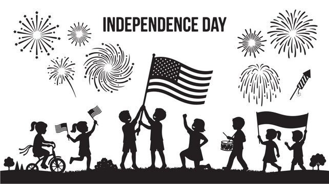 Independence Day silhouette with children holding American flags and fireworks, patriotic 4th of July parade vector, kids celebrating US holiday