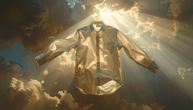 Shirt floating in cloudy sky with sunbeams