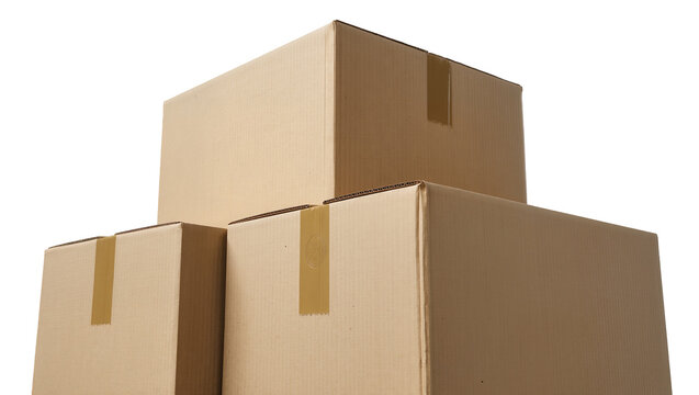 Stack of cardboard boxes with tape, isolated on transparent background