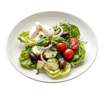 Fresh salad with mixed greens, cherry tomatoes, and feta cheese on a white plate