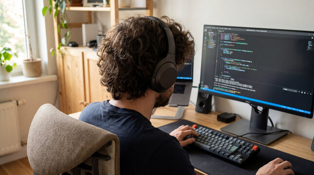 Curly haired male programmer wearing headphones coding at desktop computer with code editor on screen, back view