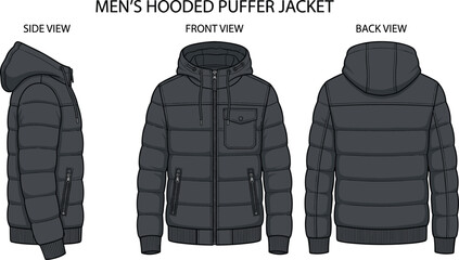 Men's hooded puffer jacket front back side views technical drawing fashion illustration warm winter. © Emongrapic