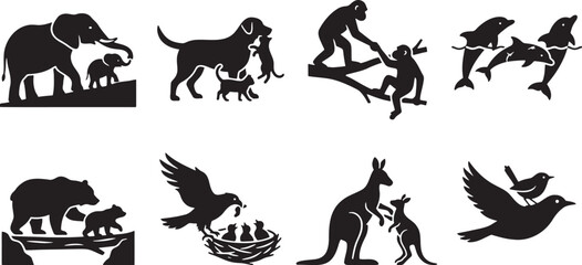 Fototapeta premium Caring wild animal parents helping, carrying, and feeding their precious young babies