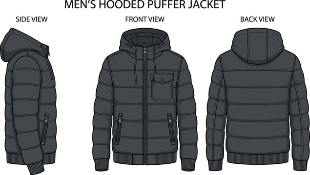 Men's hooded puffer jacket front back side views technical drawing fashion illustration warm winter.