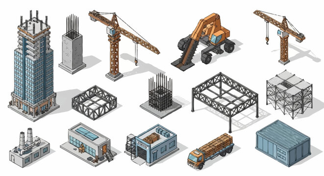 Isometric illustration of construction equipment and buildings under development.