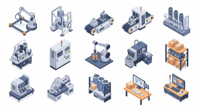 Isometric industrial machinery and automation equipment icons set.