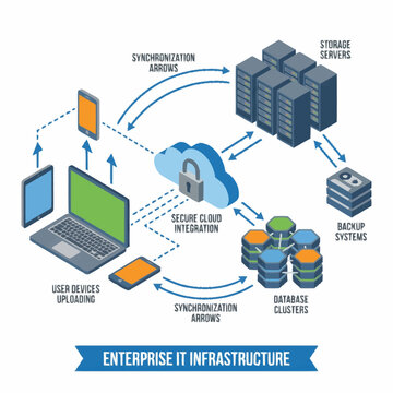 Enterprise IT Infrastructure Diagram Showing Cloud Computing and Data Storage.