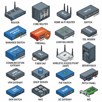 Network hardware devices isometric illustration collection.