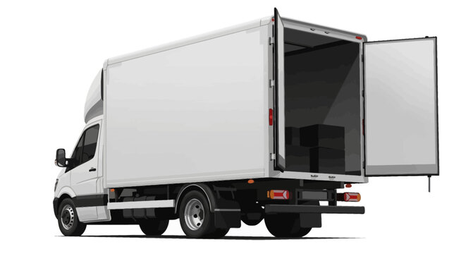 White delivery truck with open back doors, cargo vehicle, transportation background