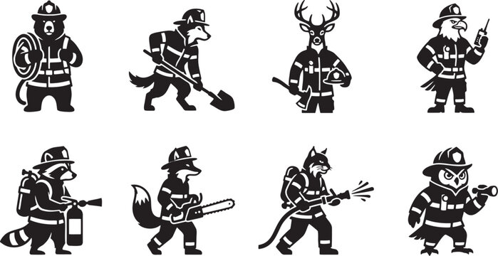 Brave animal firefighter characters wearing protective helmets and holding rescue tools