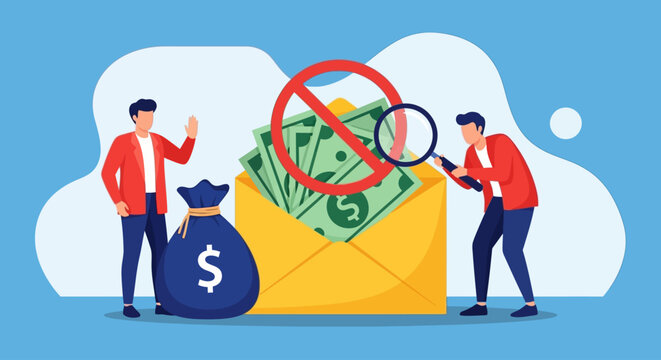 Businessmen inspecting money envelope with forbidden sign, finance concept, no bribery