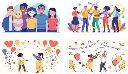 Fototapeta premium Happy family and friends celebrating with colorful balloons and joyful activities