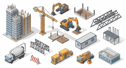 Isometric construction elements including buildings, crane, excavators, concrete mixer, and modular units for urban development projects. © Bunga