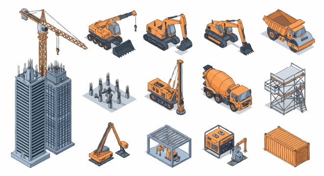 Isometric construction site with various heavy machinery and building elements.