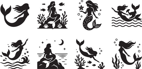 Fototapeta premium Graceful mermaid shapes lounging and swimming near beautiful ocean floor coral