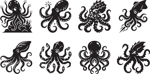 Realistic marine octopus and deep sea squid animal swim graphics © HM
