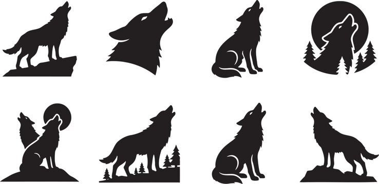 Wild predator wolf shapes sitting down and howling in side view profiles