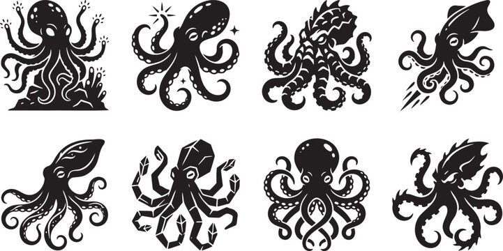 Realistic marine octopus and deep sea squid animal swim graphics