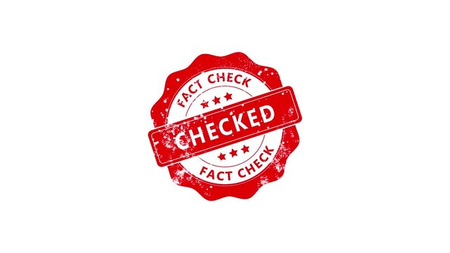 Red grunge fact checked verification stamp on white background