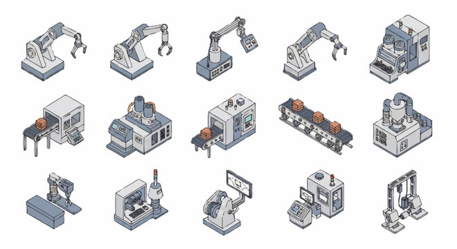 Collection of isometric industrial robots and machinery for manufacturing processes.