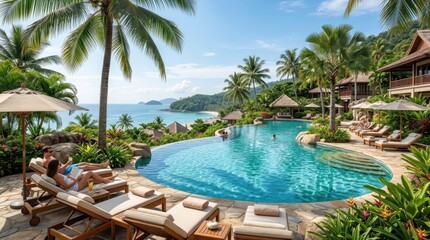 Fototapeta premium Tropical resort poolside with palm trees, luxury vacation nature landscape environment. Exotic swimming pool for summer travel and