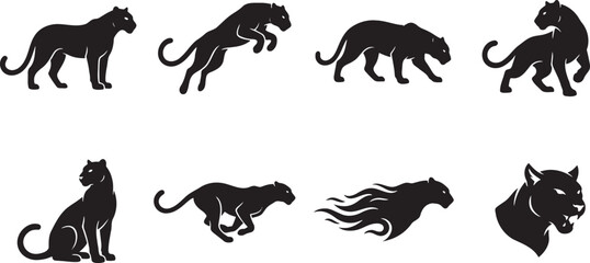 Athletic black panther and leopard silhouettes sprinting, leaping, and roaring loudly © HM