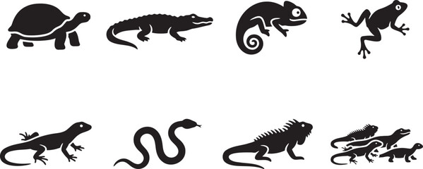 Fototapeta premium Reptiles and amphibians species icons including turtles snakes lizards