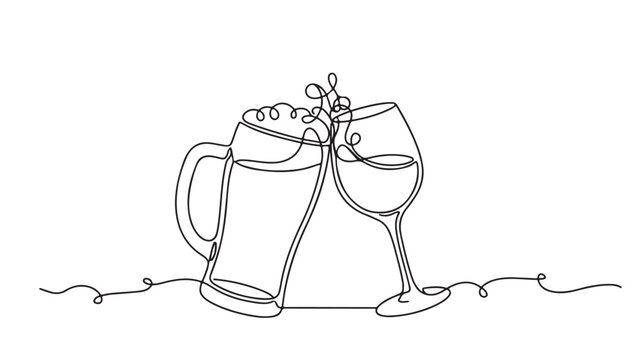 Minimalist continuous line drawing of beer mug and wine glass clinking, elegant cheers toast vector, simple black outline alcohol art