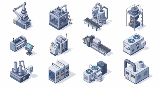 Collection of isometric industrial factory machines and equipment in pixel art style.