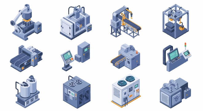 Set of isometric industrial machinery and equipment icons, representing manufacturing and production processes.