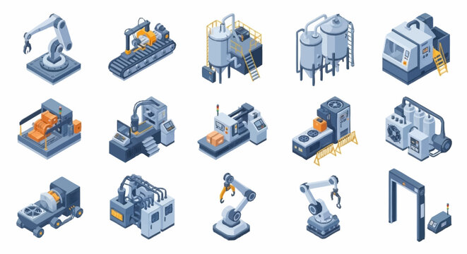Collection of isometric industrial machinery and robotic arms for manufacturing and automation processes.