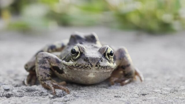 Common frog (Rana temporaria) close-up portrait looking at camera on a stone surface. Nature of Czech republic.