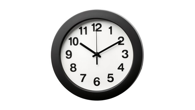 Black framed analog clock with white face and black numbers, isolated on transparent background