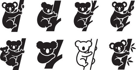 Koala bears climbing up tree trunks in different postures © HM
