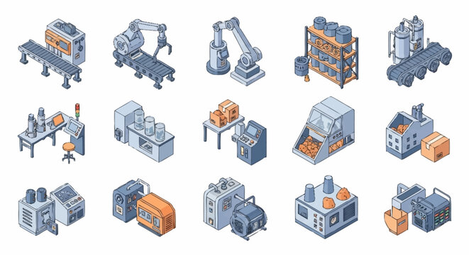 Set of isometric icons representing industrial machinery and factory equipment, including robotic arms, conveyor belts, and manufacturing units.
