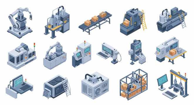 Set of isometric industrial machinery and automation equipment for manufacturing and production lines.