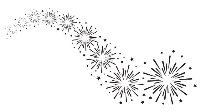 Sparkling firework burst trail vector, black line art starburst explosion path, festive celebration fireworks display on white background