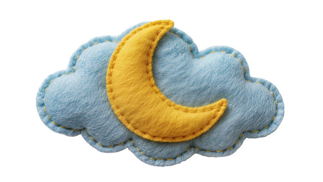 Fluffy blue felt cloud with yellow crescent moon applique, isolated on transparent background