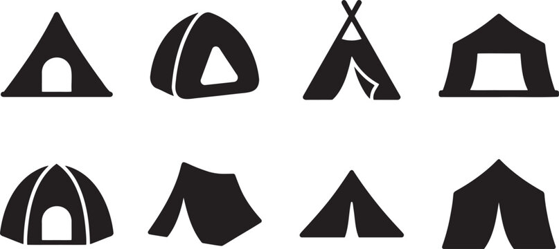 Camping tents and traditional teepee shelters outdoor icons