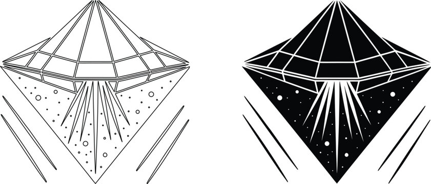 Abstract geometric diamond shape with radiating lines and circles, representing UFO or spaceship.