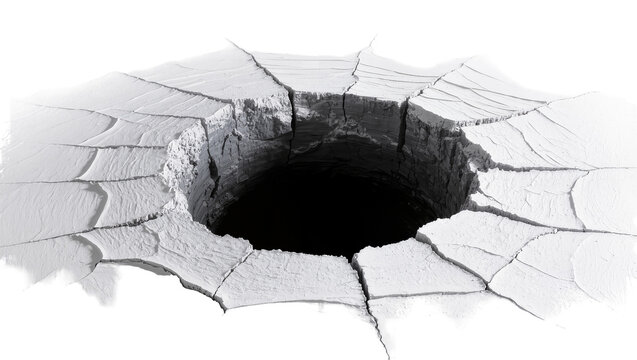 Deep dark abyss hole with cracked icy surface, isolated on transparent background