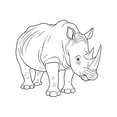 Fototapeta premium A rhinoceros coloring page for kids and adults, a cute rhinoceros line art illustration standing on a white background.